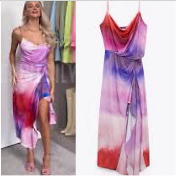 Zara Multi Color thin strap dress Asymmetrical hem line - Picture 1 of 10